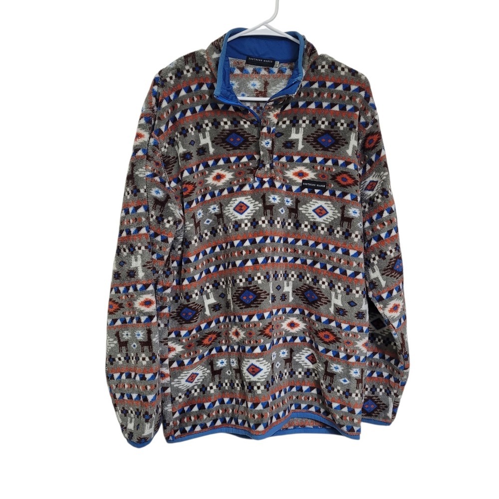 Southern‎ Marsh Southwestern Harbuck Fleece 1/4 Zip Pullover Grey Blue Size M